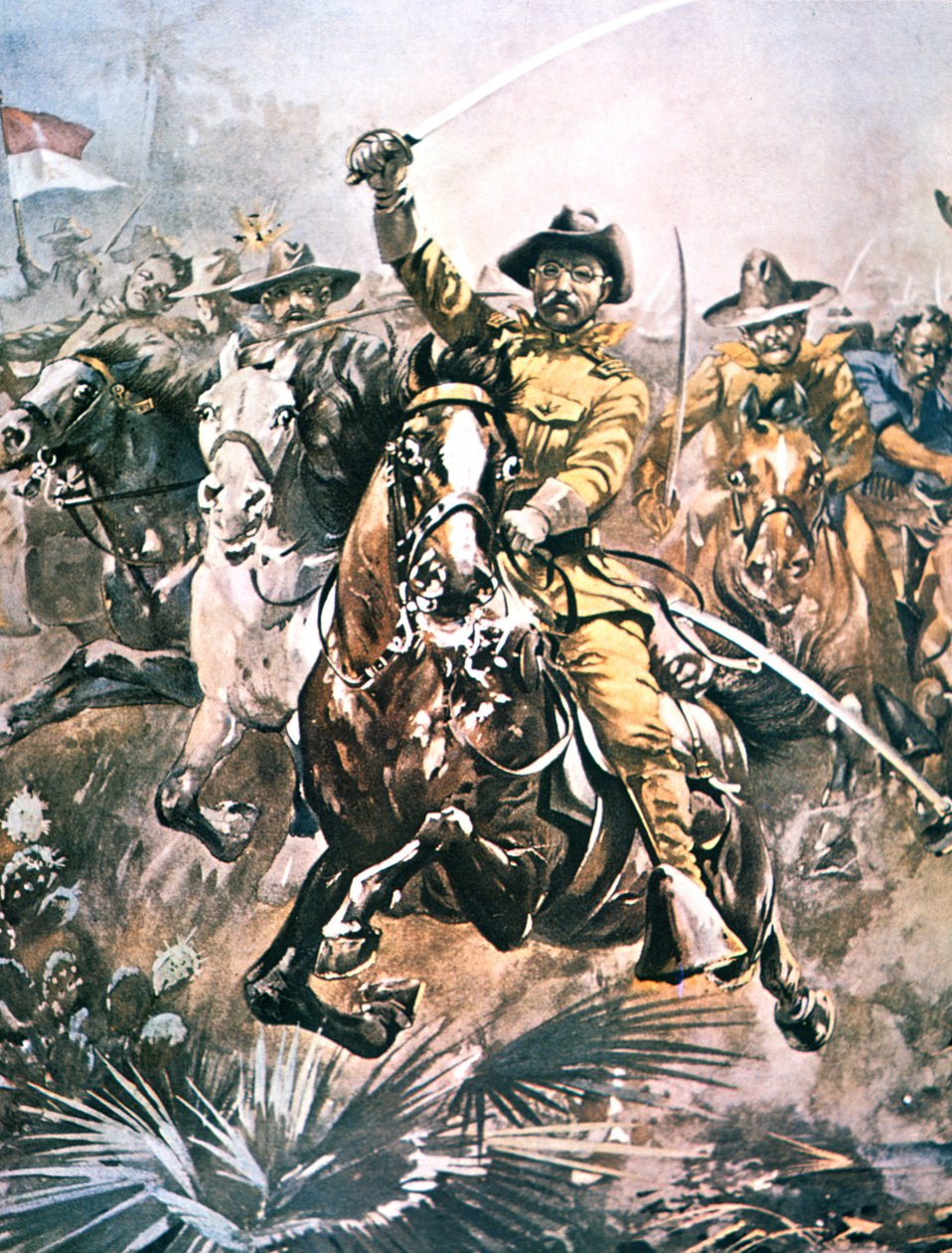 Theodore Roosevelt prowadzący „Rough Riders” podczas wojny hiszpańsko-amerykańskiej, fragment obrazu W.G. Road autorstwa American School