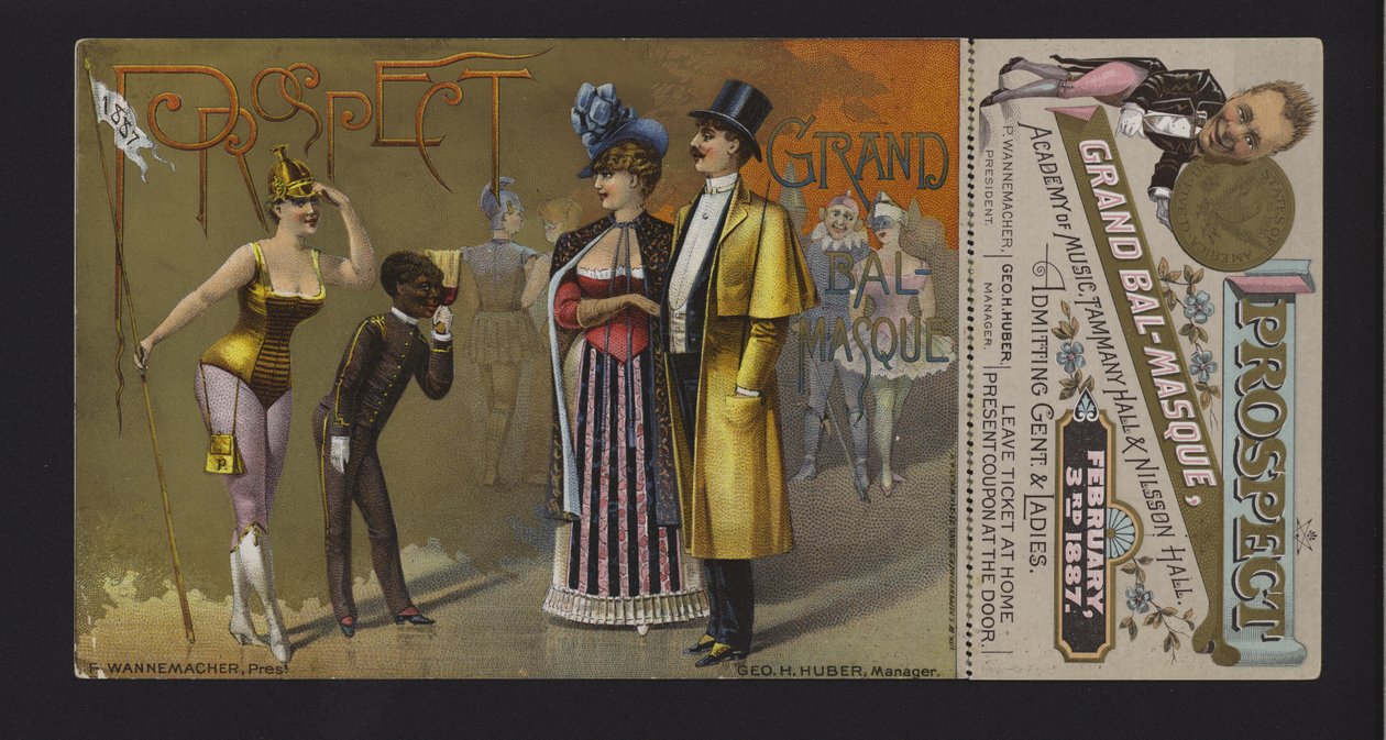 Bilet i kupon na wielki bal maskowy Prospect Association w Academy of Music, Tammany Hall i Nilsson Hall, Nowy Jork (chromolitografia) autorstwa American School