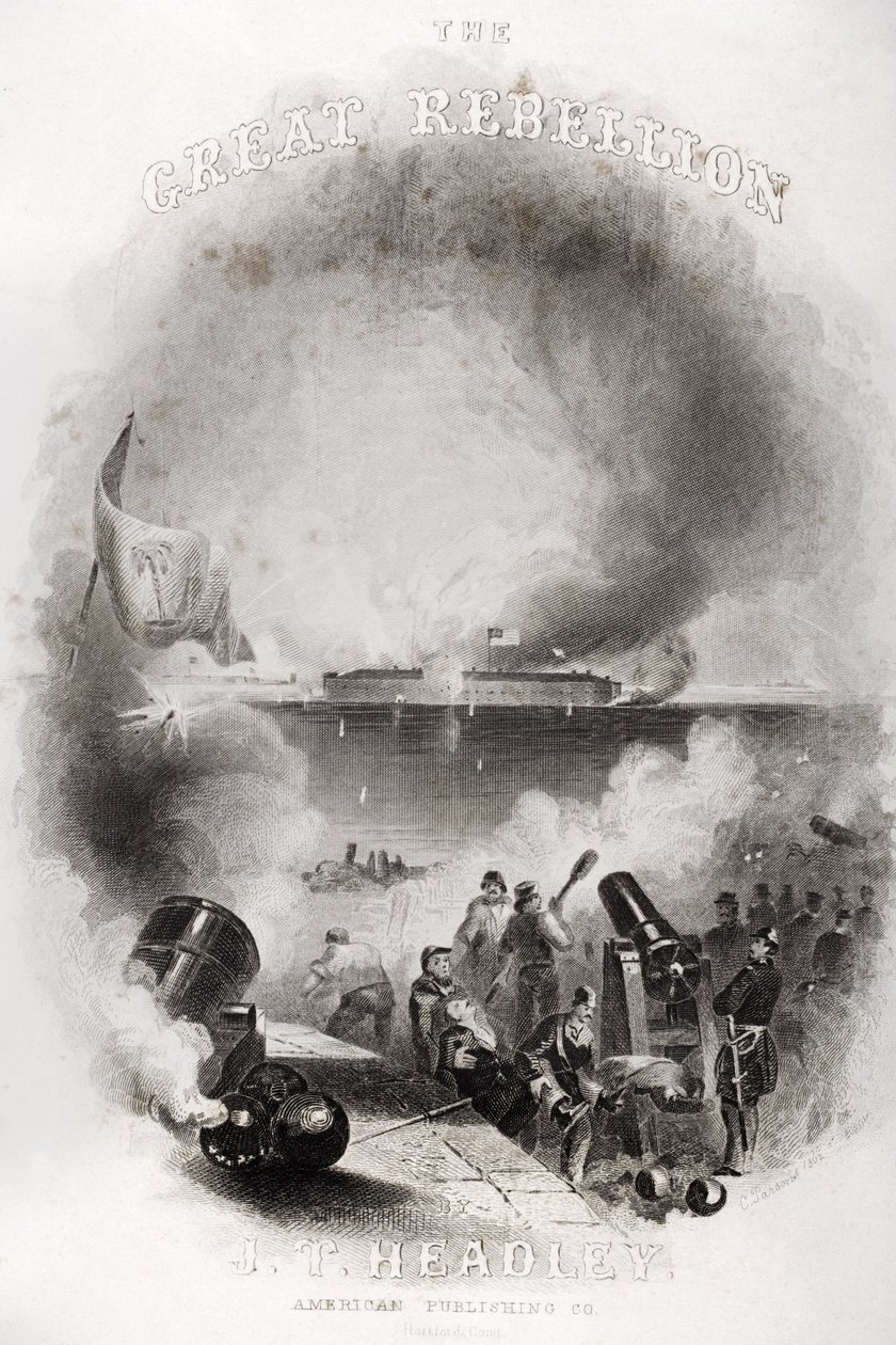 Ilustracja na stronie tytułowej przedstawiająca atak na Fort Sumter w 1861 r. z „Wielkiego buntu” J.T. Headley, opublikowano 1866 autorstwa American School