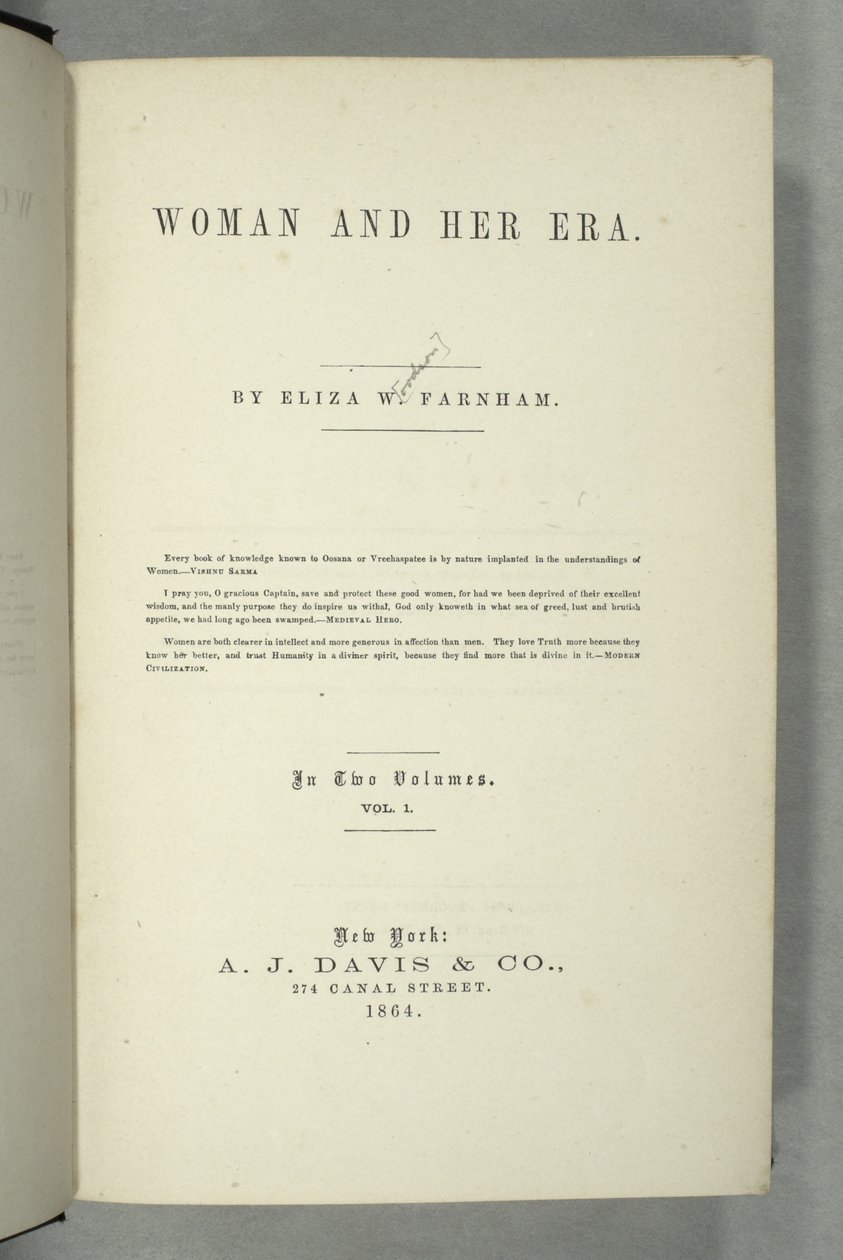 Strona tytułowa „Kobiety i jej era” Elizy Wood Farnham (1815-64) opublikowana w Nowym Jorku, 1864 (druk) autorstwa American School