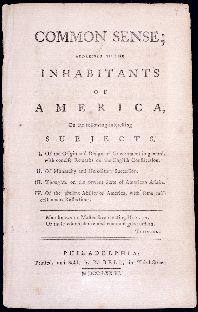 Strona tytułowa do Common Sense Thomasa Paine (1737-1809) 1776 (druk) autorstwa American School