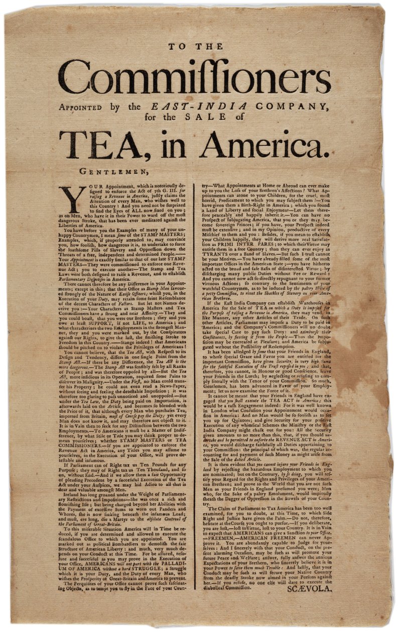 Do komisarzy wyznaczonych przez Kompanię Wschodnioindyjską do sprzedaży herbaty w Ameryce podpisał Scaevola, 1773 autorstwa American School