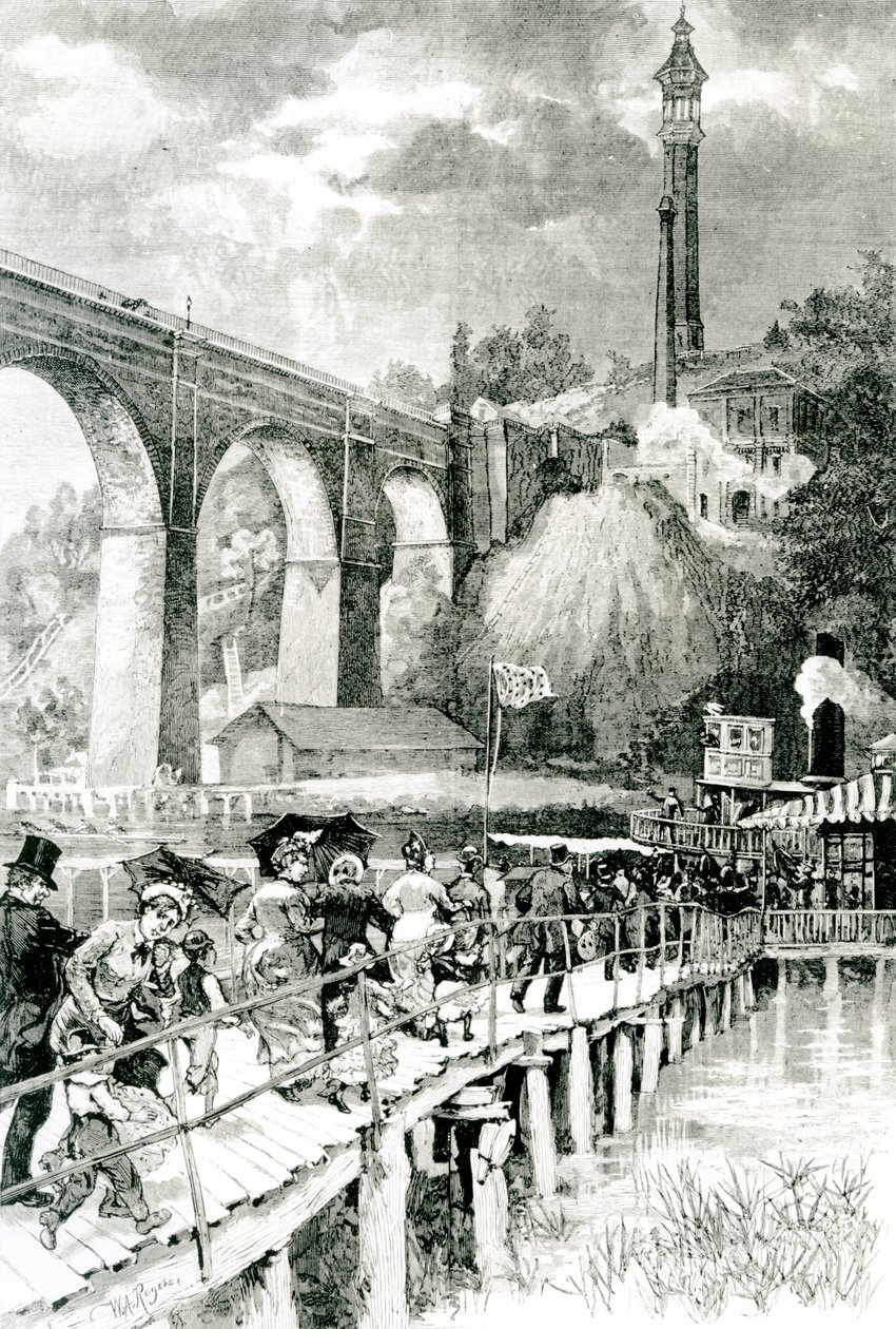 Turyści wracają do swojego parowca na rzece Harlem, z wysokim mostem po lewej, grawerowanym przez W.A Rogersa dla Harpers Weekly, 24 lipca 1880 r. autorstwa American School