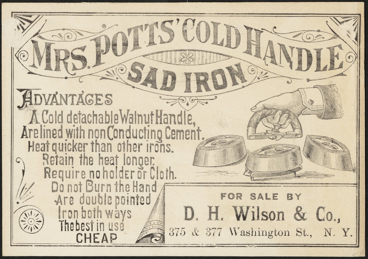 Karta handlowa dla pani Potts „Cold Handle Sad Iron, c.1870-1900 autorstwa American School