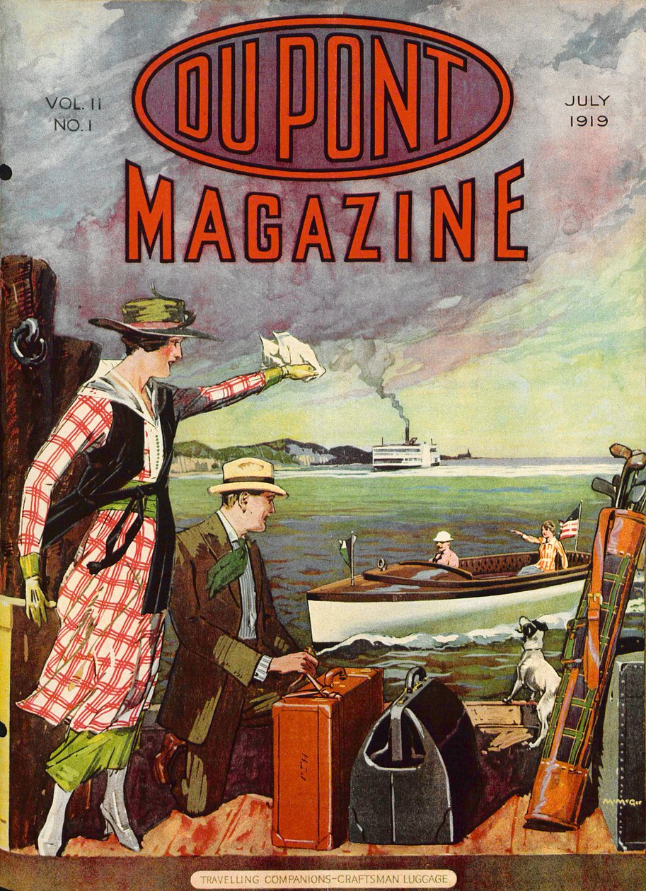 Traveling Companion — bagaż rzemieślniczy, przednia okładka magazynu DuPont, lipiec 1919 autorstwa American School