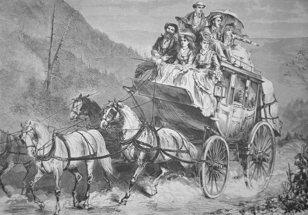 Podróż przez amerykański zachód przez Concord Stagecoach w latach 60. XIX wieku (grawerowanie) autorstwa American School