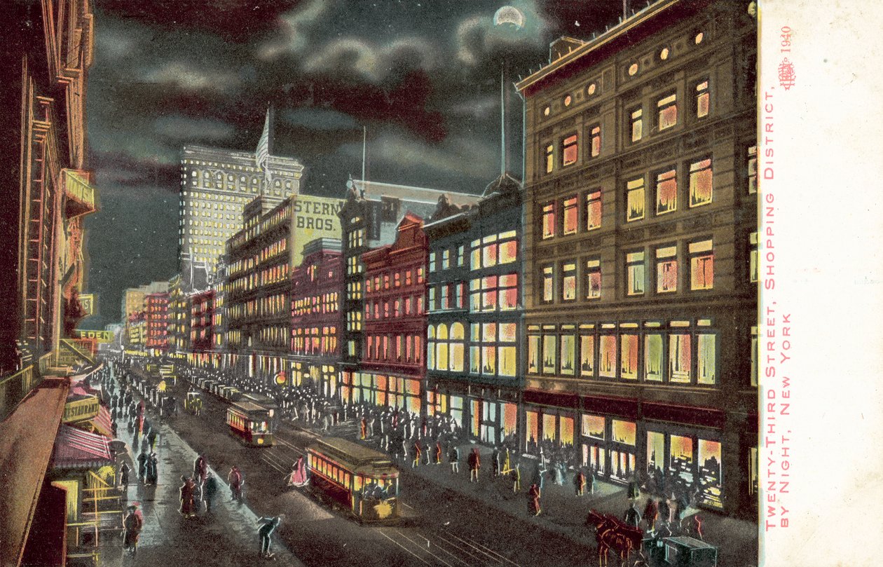 Dzielnica handlowa Twenty-Third Street, Nowy Jork, nocą (kolorowa litografia) autorstwa American School