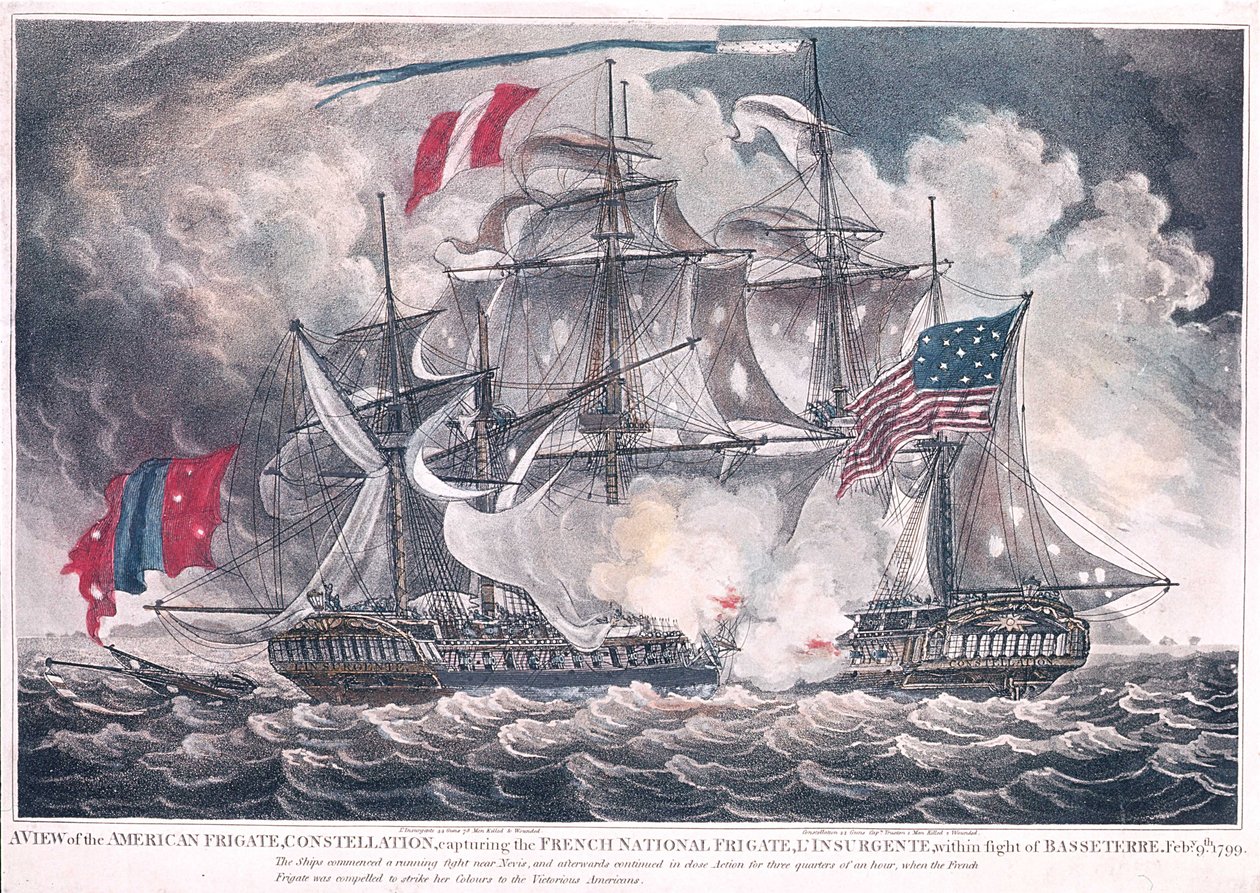US Fregata Constellation przechwytuje LInsurgente w Indiach Zachodnich w bitwie pod Basseterre, 9 lutego 1799, opublikowana w 1800 autorstwa American School