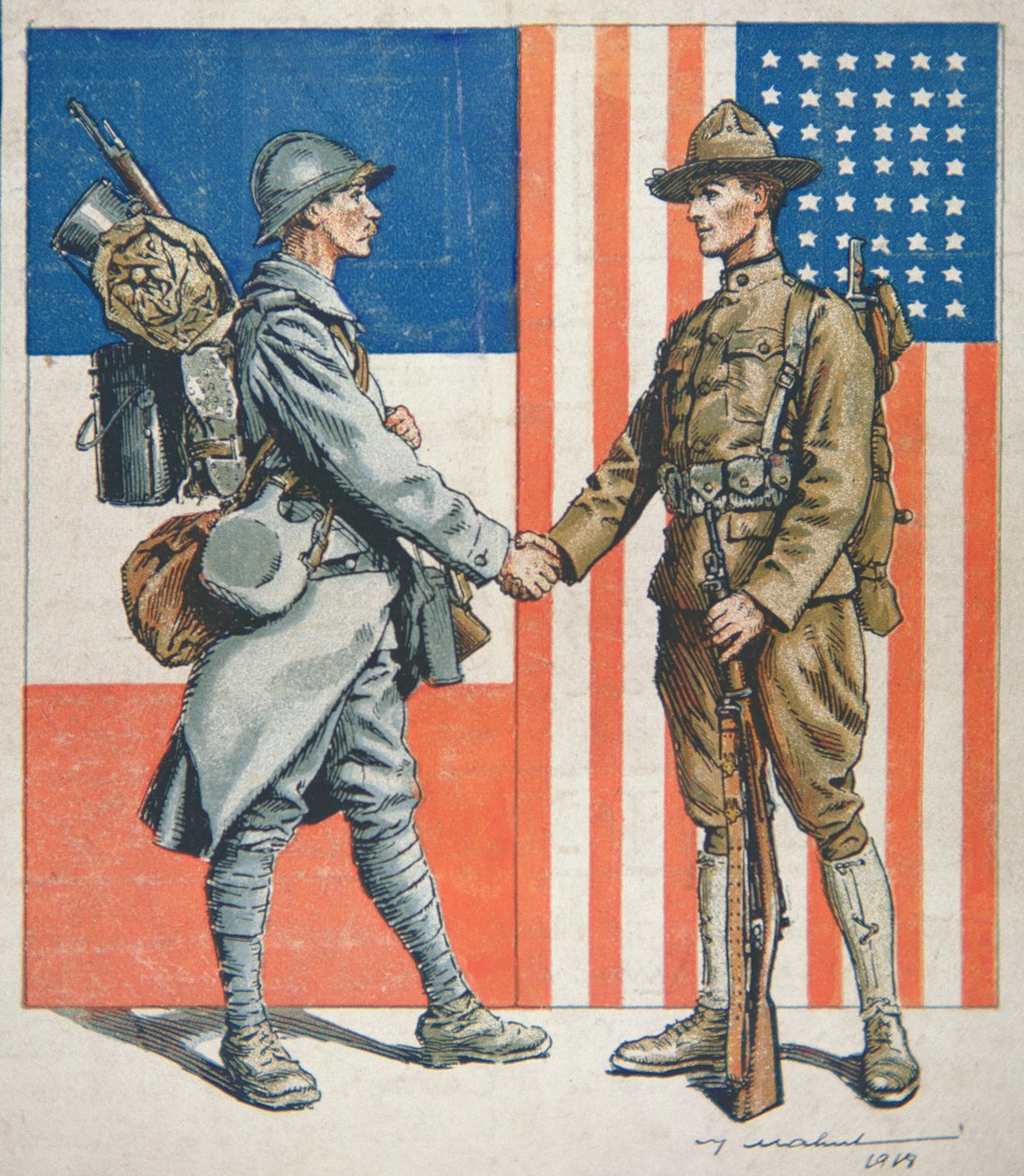 Amerykański żołnierz ściskający dłoń francuskiemu żołnierzowi, wejście Ameryki do I wojny światowej autorstwa American School