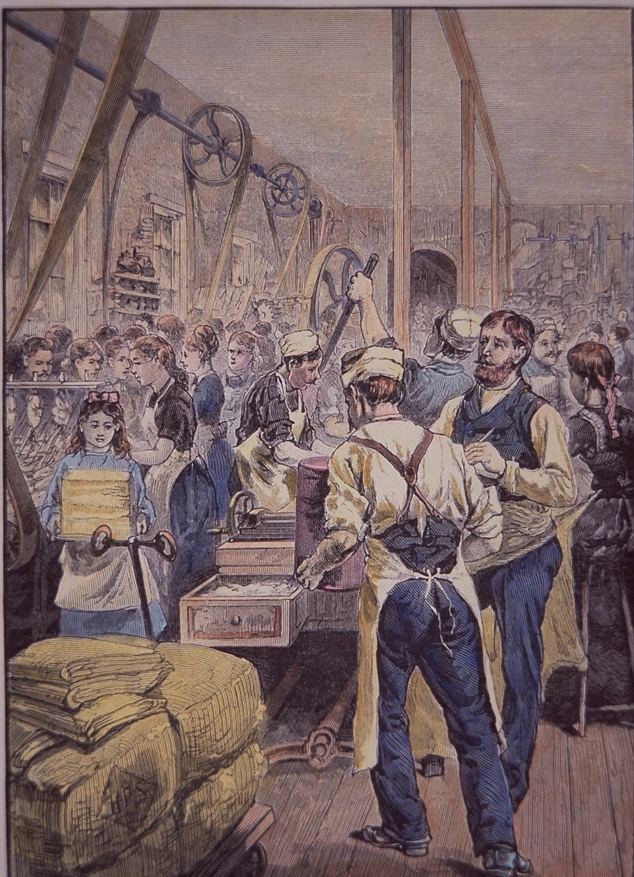 Przemysł tekstylny USA, fabryka tekstylna na północy, ok. 1870 (kolorowe grawerowanie) autorstwa American School