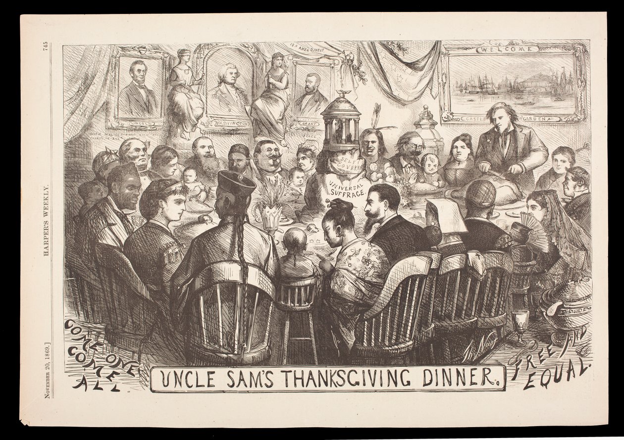 Grawerunek „Uncle Sam’s Thanksgiving Dinner” autorstwa Thomasa Nasta, Harper’s Weekly, 20 listopada autorstwa American School