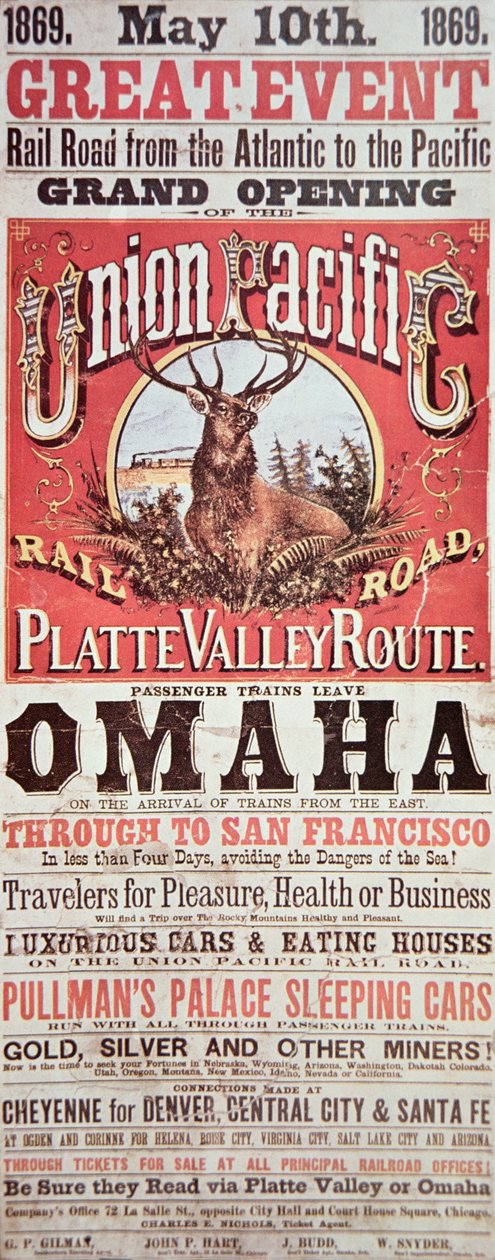 Plakat Union Pacific Railroad reklamujący pierwszą transkontynentalną linię kolejową przez USA autorstwa American School