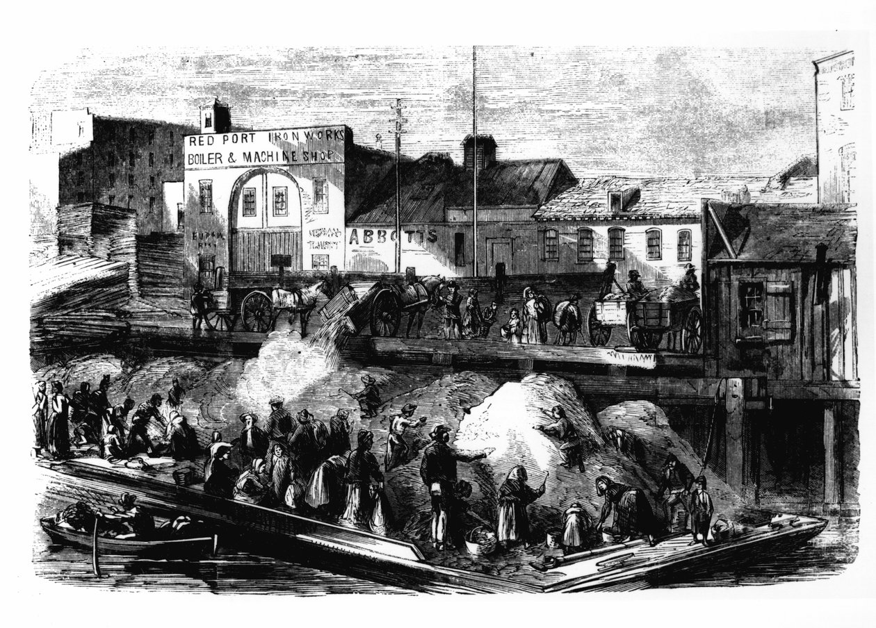 Włóczędzy zbierają szmaty na sprzedaż z wysypiska śmieci przy Beach Street, Nowy Jork, ok. 1870 r. autorstwa American School