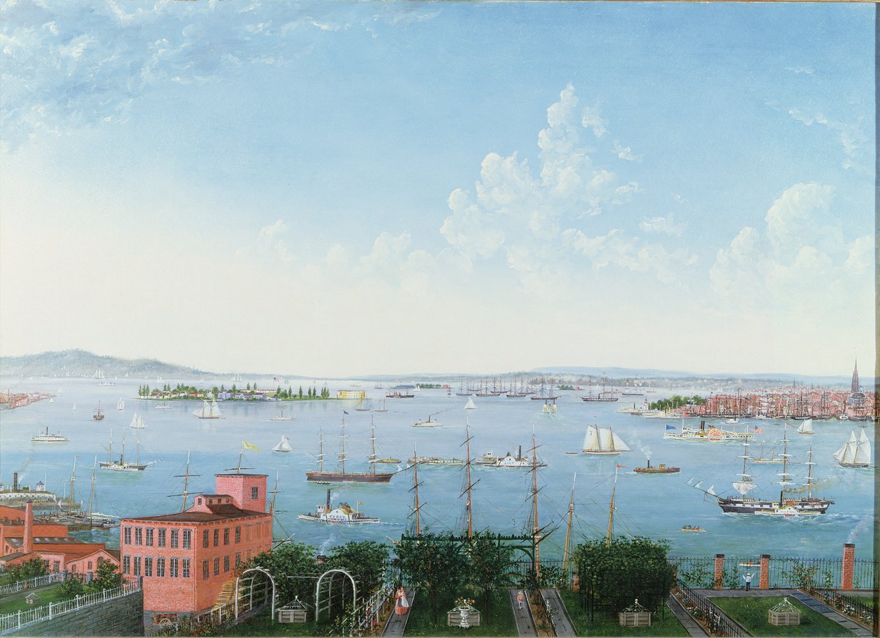 Widok na port w Nowym Jorku z Brooklyn Heights, ok. 1860 (olej na płótnie) autorstwa American School