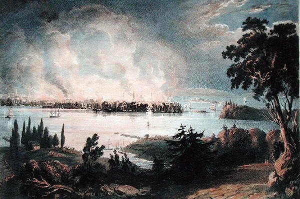 Widok na Nowy Jork z Weehawk podczas Wielkiego Pożaru, 16 grudnia 1835, wygrawerowany przez Day i Haghe (kolor lito) autorstwa American School