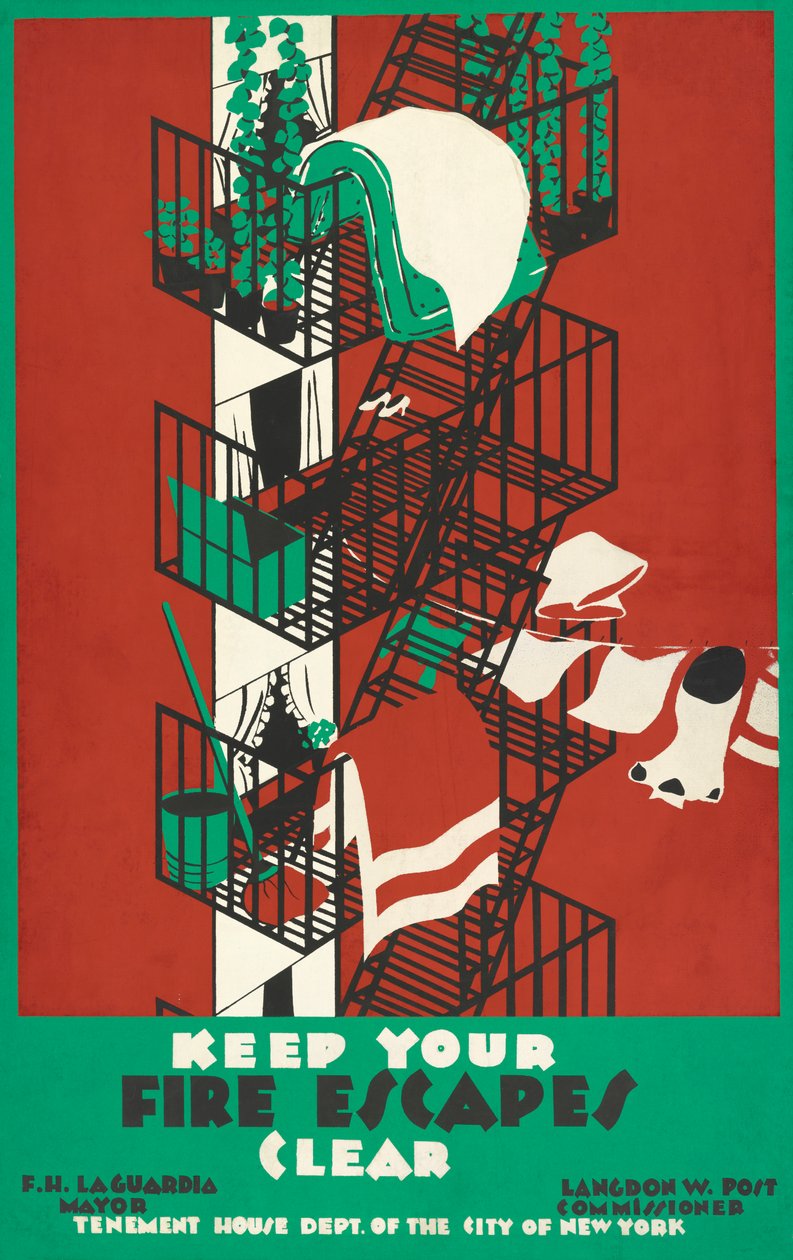 Vintage plakat przedstawiający ucieczkę pożarową z Nowego Jorku autorstwa American School