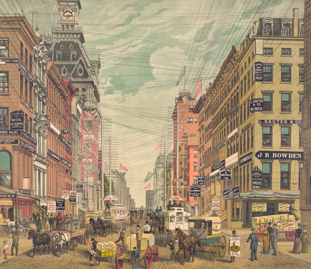 Widok Broadwayu w Nowym Jorku w stylu vintage, ok. 1880 r. (chromolitografia) autorstwa American School