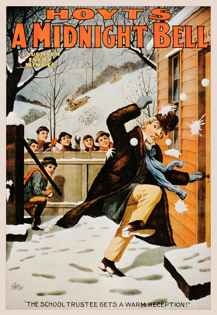 Vintage plakat przedstawiający chłopców obrzucających mężczyznę śnieżkami, 1890-99 autorstwa American School