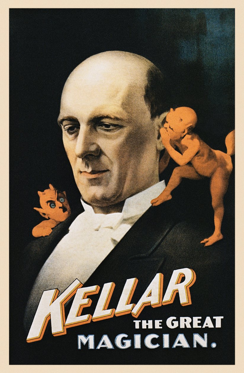 Plakat w stylu vintage przedstawiający mężczyznę z szepczącymi diabłami autorstwa American School