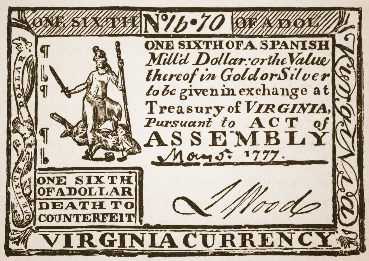 Waluta Wirginii, równa jednej szóstej dolara hiszpańskiego, 1777 autorstwa American School