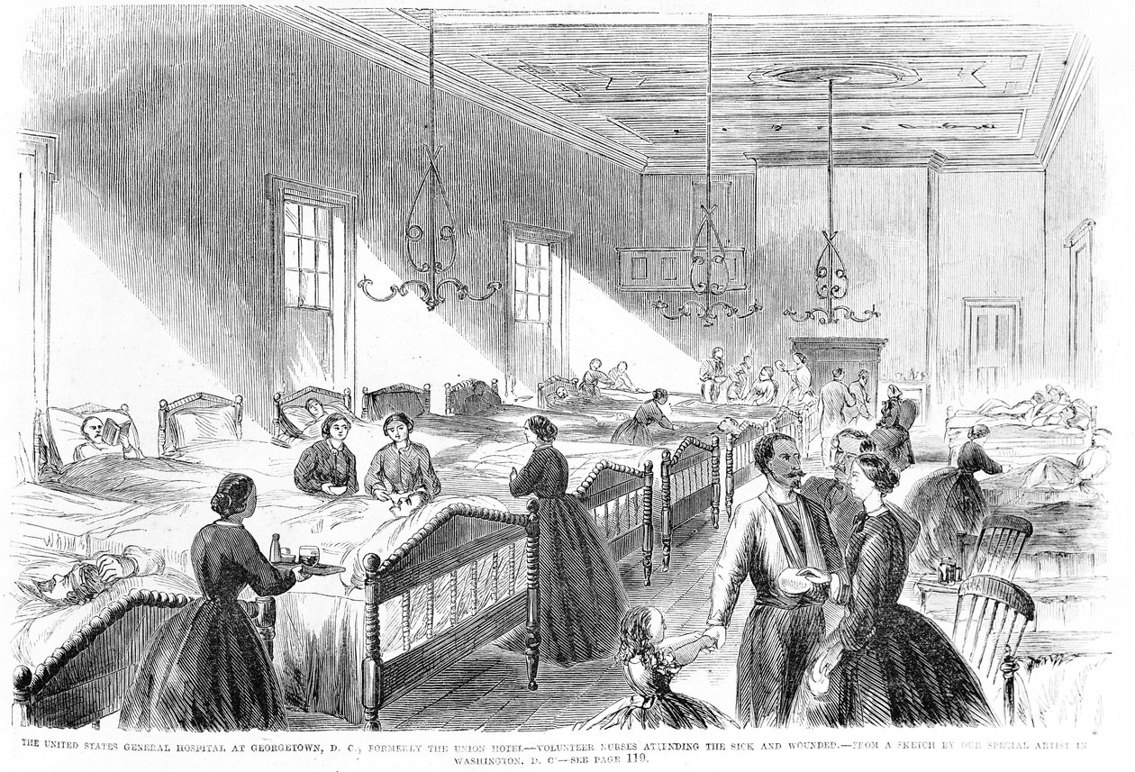 Ochotnicze pielęgniarki opiekujące się chorymi w US General Hospital w Georgetown, z gazety Frank Leslies Illustrated, 6 lipca 1861 autorstwa American School