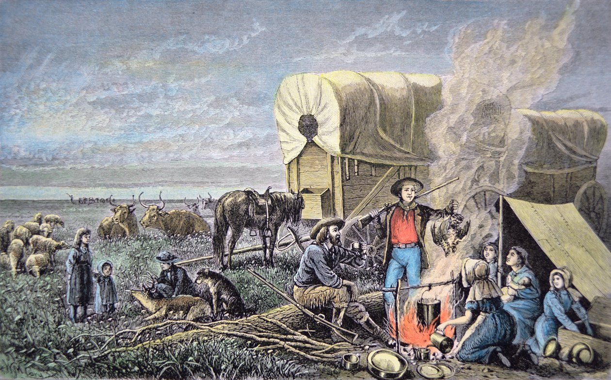 Emigranci wagonowi na zachód (kolorowy grawerunek) autorstwa American School