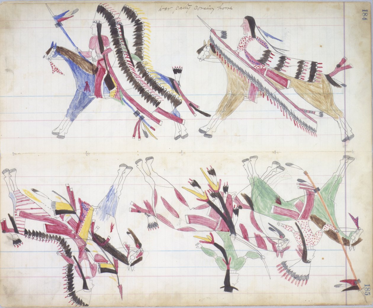 Impreza wojenna wraca do domu, ilustracja z Black Horse Ledger, 1877-79 (ołówek i kredka na papierze) autorstwa American School
