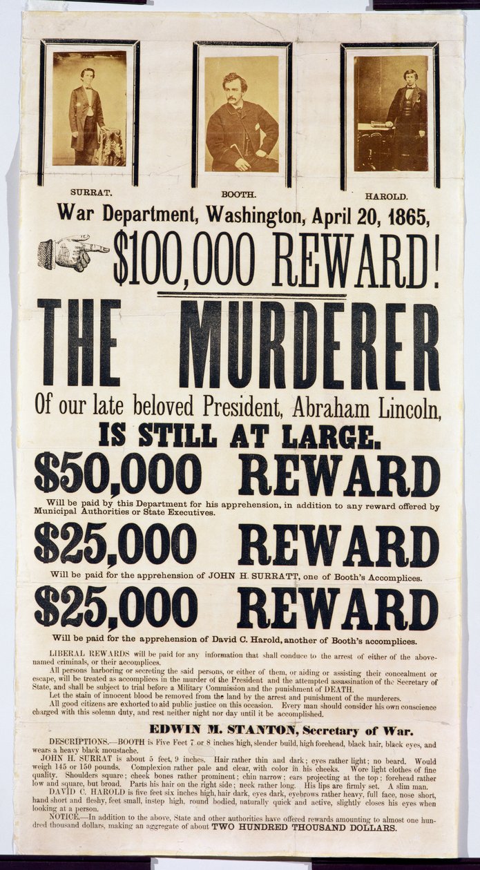 Plakat Departamentu Wojny w Waszyngtonie zapowiadający nagrodę w wysokości 100 000 USD za odnalezienie mordercy Abrahama Lincolna, 20 kwietnia 1865 r autorstwa American School