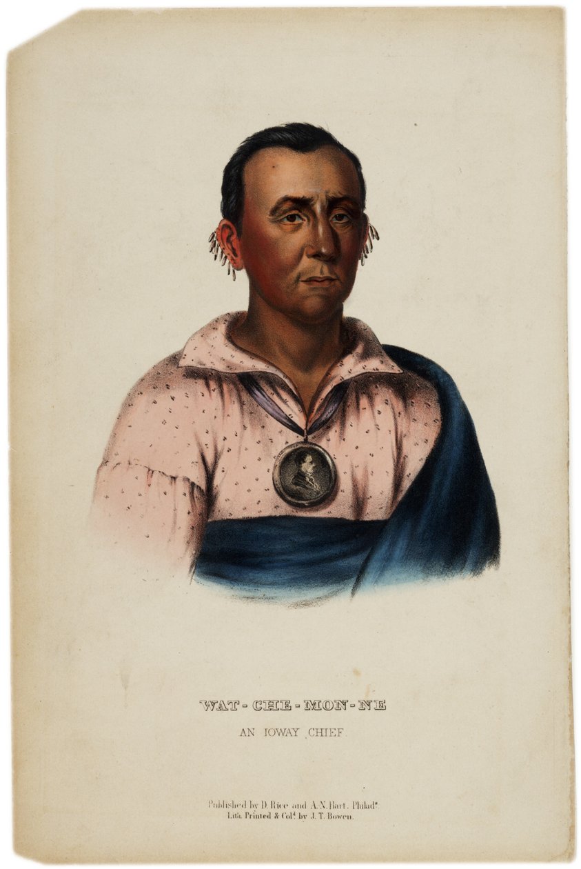 Wat-Che-Mon-Ne, wódz Ioway, grafika wykonana przez J. T. Bowena, ilustracja z Historii plemion indyjskich Ameryki Północnej autorstwa Thomasa L. McKenneya i Jamesa Halla, ok. 1842-70 autorstwa American School