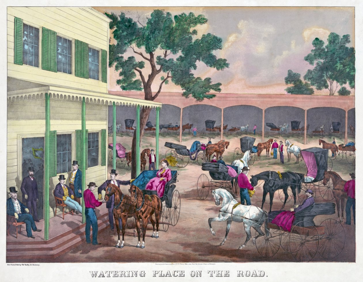 Podlewanie miejsca w drodze, wyd. 1870 (grawerowanie ręcznie kolorowane) autorstwa American School