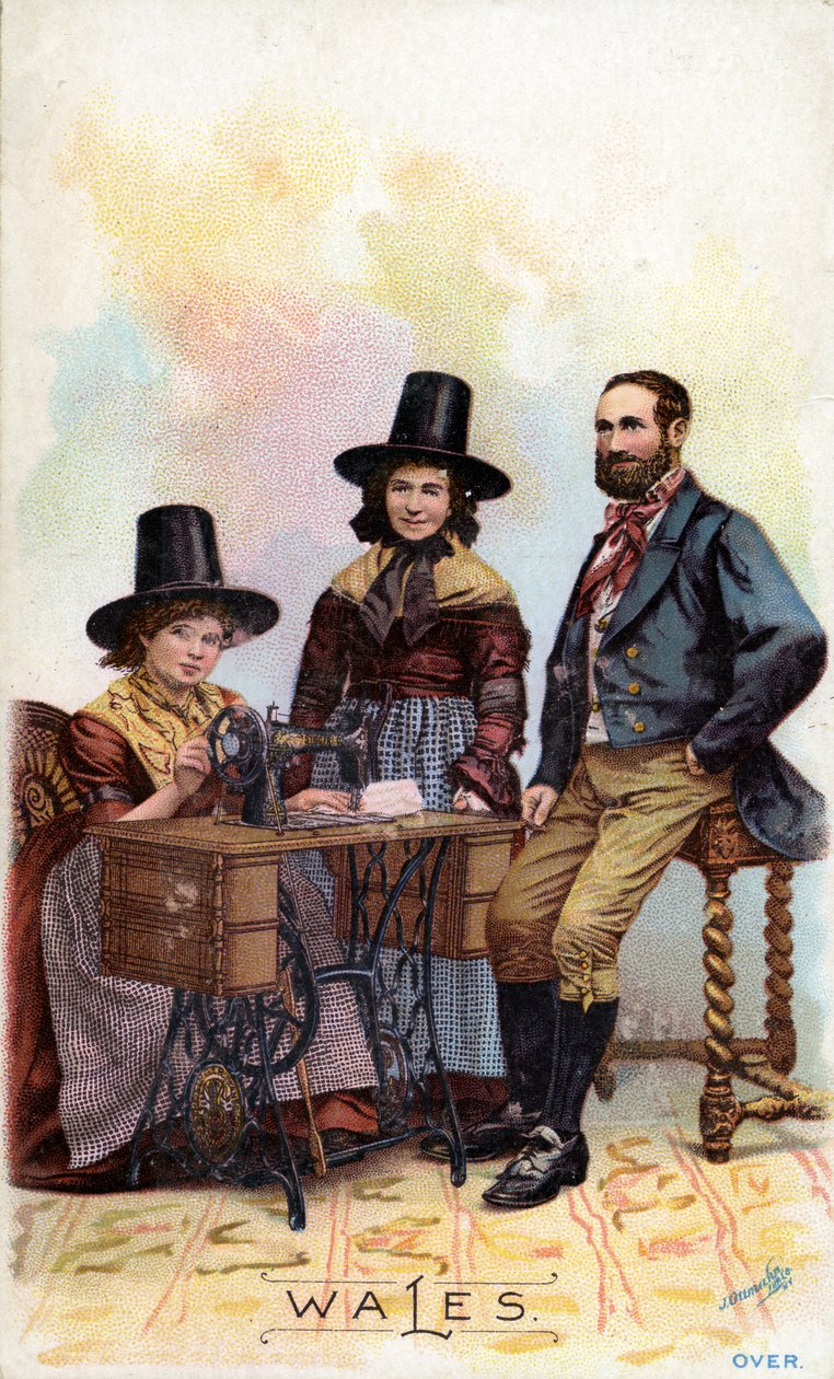 Walijska rodzina skupiona wokół maszyny do szycia Singer, ok. 1893 r. autorstwa American School
