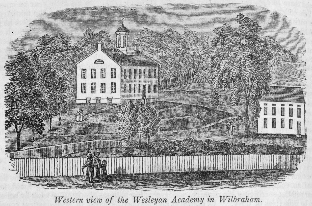 Zachodni widok Akademii Wesleyańskiej w Wilbraham, z „Historical Collections of Massachusetts”, John Warner Barber, 1839 (rycina) autorstwa American School