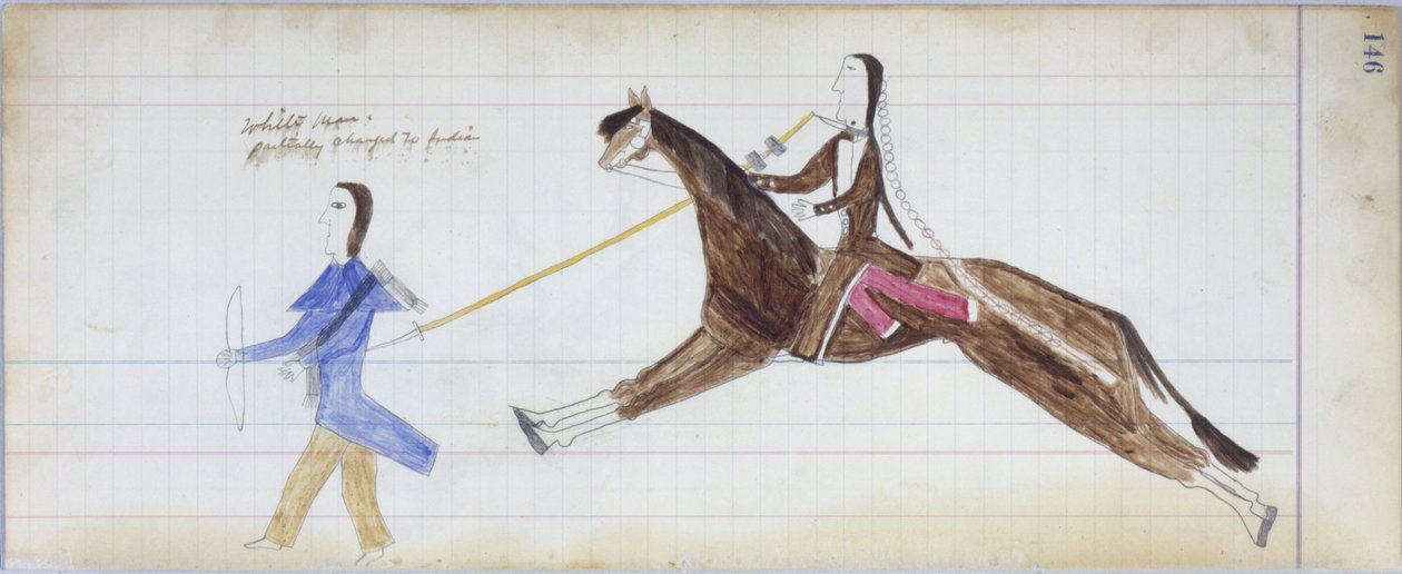 Biały człowiek częściowo przemieniony w Indianina, ilustracja z Black Horse Ledger, 1877-79 (ołówek i kredka na papierze) autorstwa American School