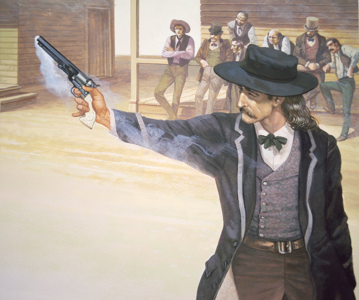 „Wild Bill” Hickok (1837-76) demonstruje swoją celność ze swoim modelem rewolweru Colt Navy (kolor lito) autorstwa American School