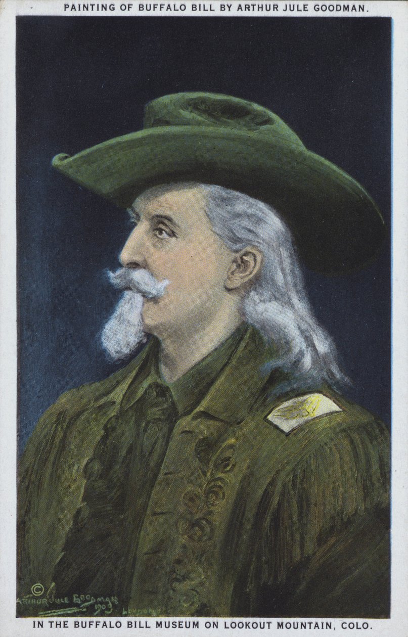 William "Buffalo Bill" Cody, amerykański zwiadowca, łowca bizonów i showman (kolorowa litografia) autorstwa American School