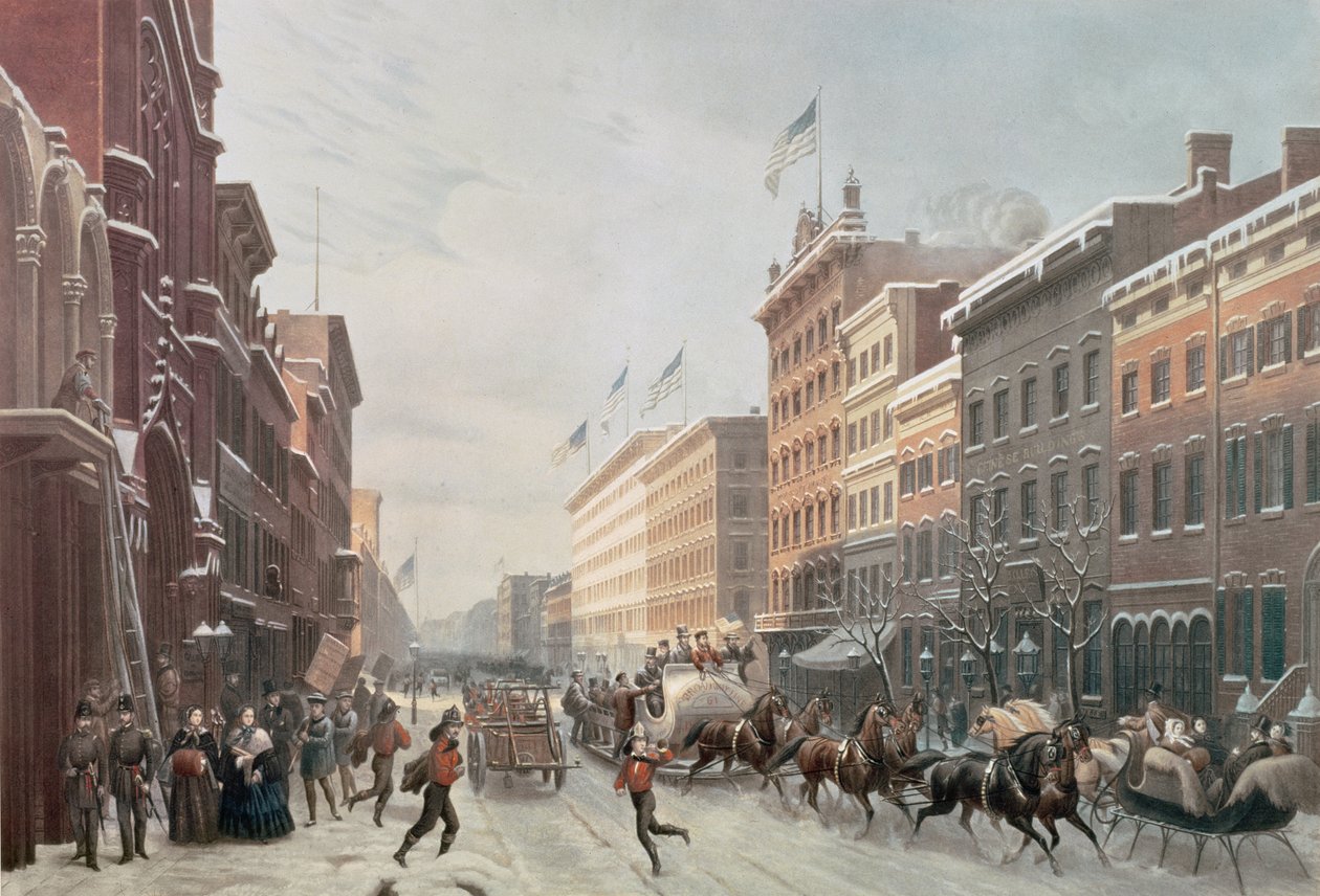 Scena zimowa na Broadwayu, Nowy Jork, 1857 autorstwa American School