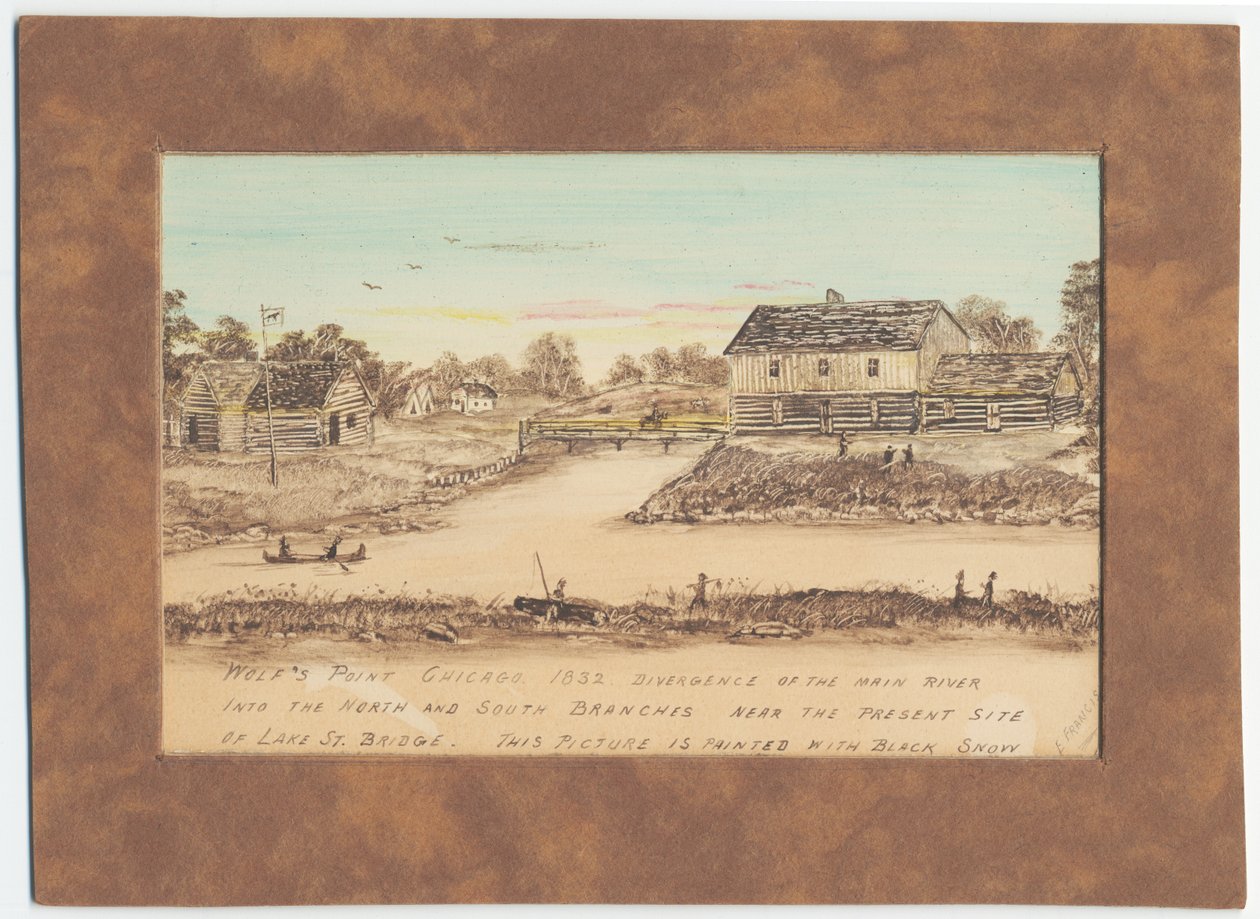 Wilczy Przylądek w 1832 r., rozejście się głównej rzeki na odnogi północną i południową (akwarela) autorstwa American School