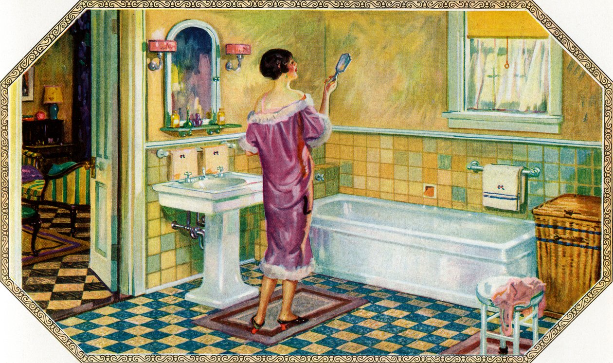 Kobieta stojąca w łazience w stylu art deco autorstwa American School