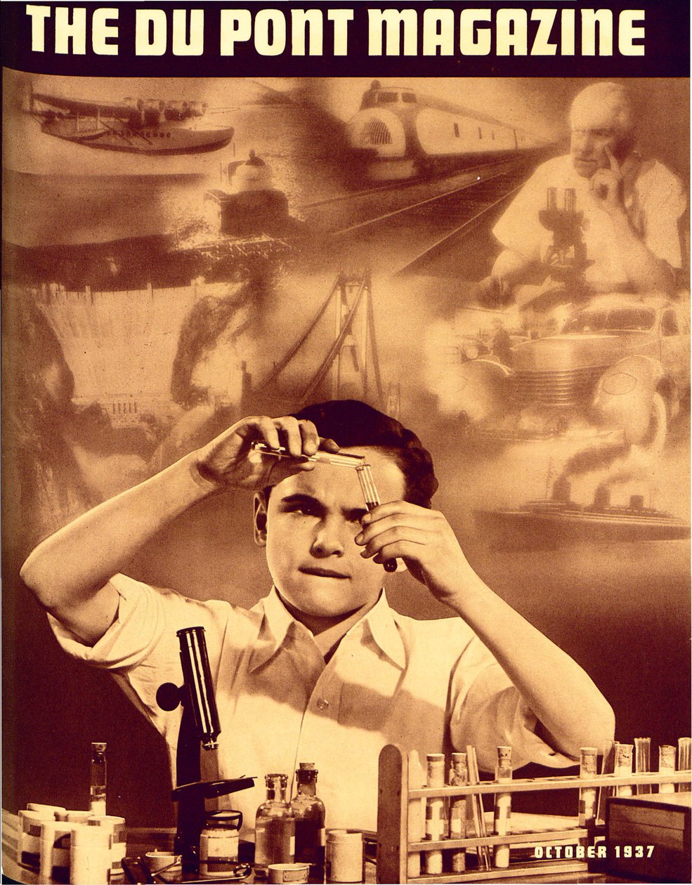 Młody chłopak z zestawem do chemii, przednia okładka magazynu DuPont, październik 1937 autorstwa American School