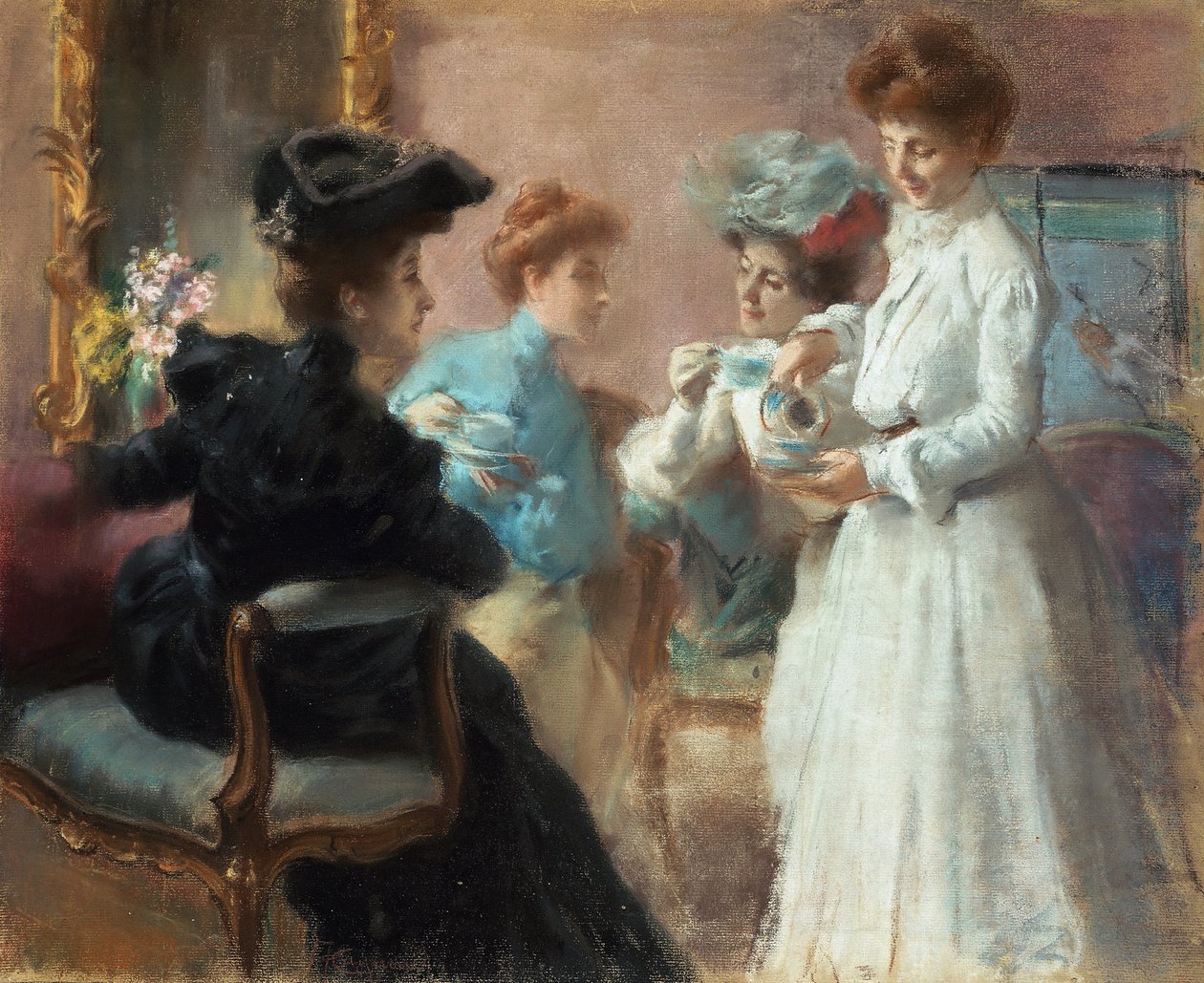 Podwieczorek w moim salonie na Via Senato, Amerino Cagnoni (1853-1923), pastel na papierze oprawiony na płótnie, 48x56,5 cm autorstwa Amerino Cagnoni