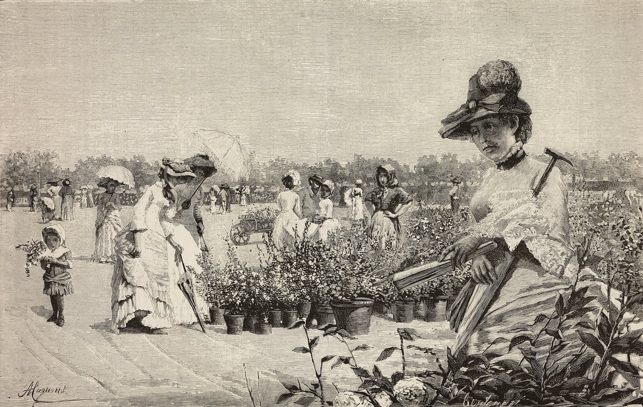 Kobiety spacerujące po Brerze, Mediolan, Włochy, rycina z obrazu Maggio (maj) Amerino Cagnoniego (1853-1923), z L