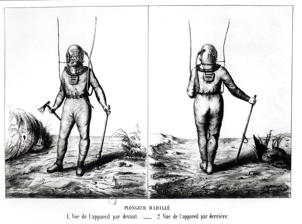 Deep Sea Diver, ilustracja z Scaphandre, Apparatus de Plongeur Cabirol, autorstwa Josepha-Martina Cabirola, opublikowana w Paryżu 1855 (fot. bw) autorstwa Amicar de Lafage