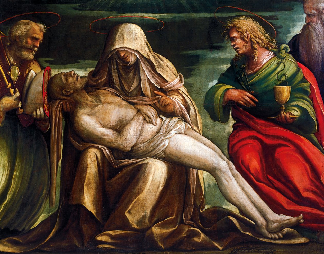 Pieta ze św. Markiem, Ambrożym, Janem Ewangelistą, św. Antonim opatem, Amico Aspertini, ok. 1519, tempera na płótnie autorstwa Amico Aspertini