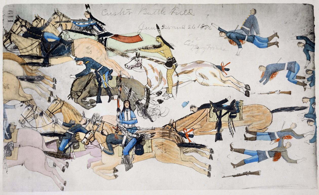 Bitwa pod Little Bighorn, Montana, USA, 25-26 czerwca 1876 c1900 autorstwa Amos Bad Heart Buffalo