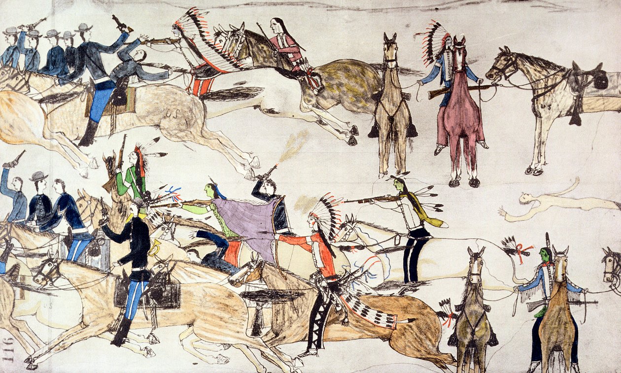 Bitwa pod Little Bighorn, Montana, USA, 25-26 czerwca 1876 c1900 autorstwa Amos Bad Heart Buffalo