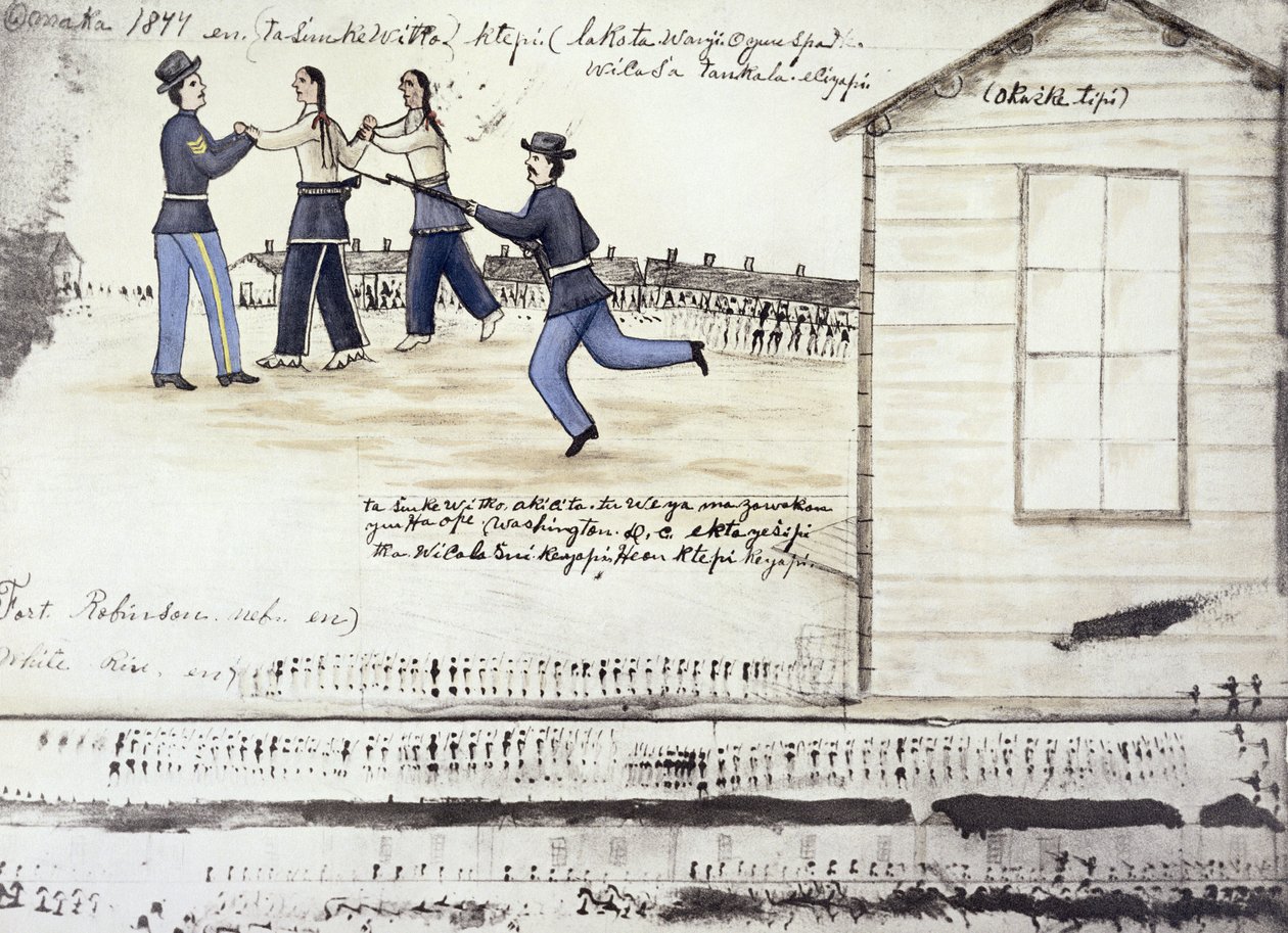 Śmierć Szalonego Konia (ok. 1842-77) w 1877 r., Fort Robinson, Nebraska (atrament na papierze) autorstwa Amos Bad Heart Buffalo