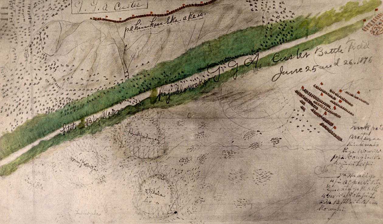 Mapa topograficzna pola bitwy pod Little Big Horn (węgiel drzewny i tusz na papierze) autorstwa Amos Bad Heart Buffalo