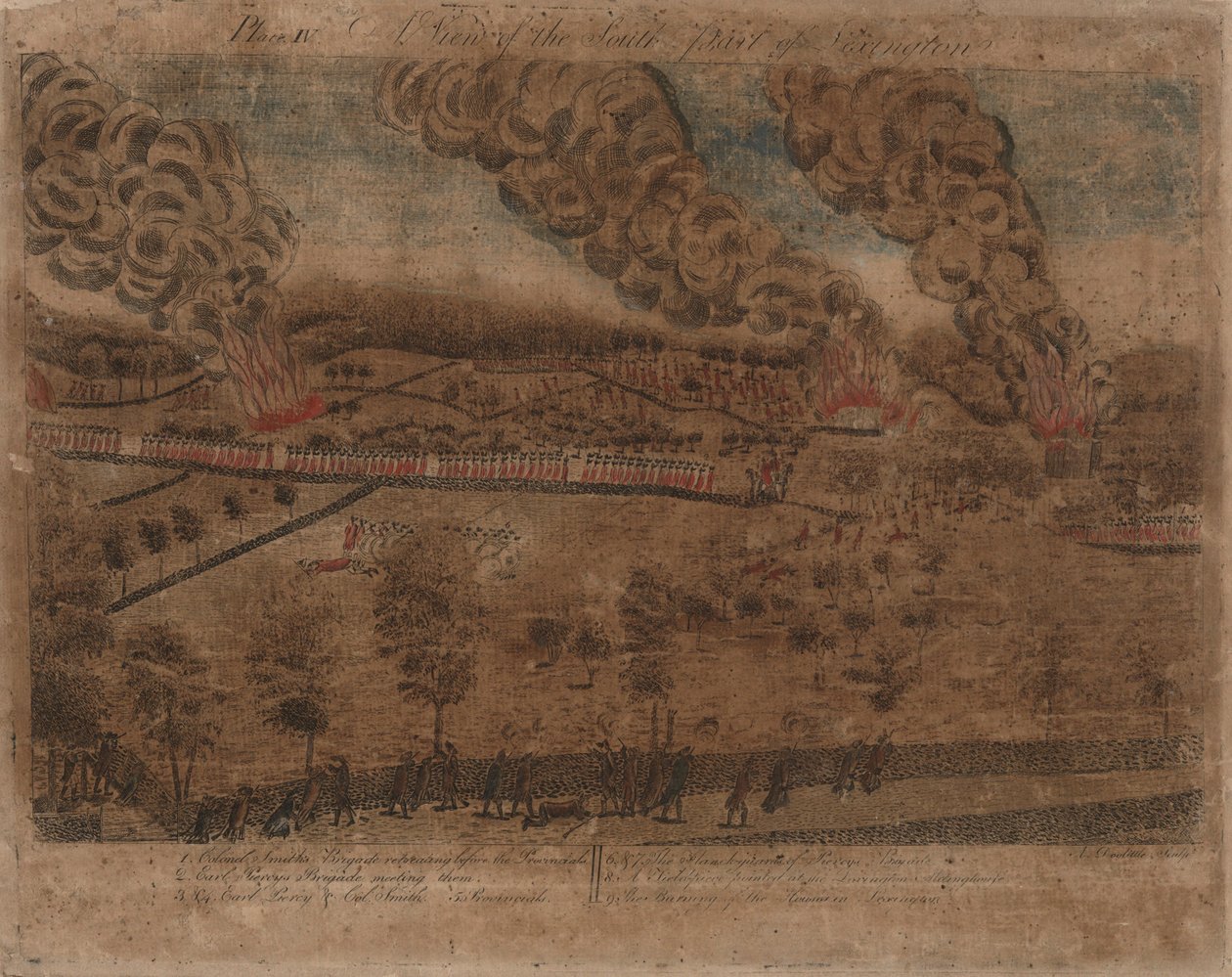 Bitwy pod Lexington i Concord: Tablica I, Bitwa pod Lexington, 19 kwietnia 1775. Tablica II, Widok miasta Concord. Płyta III: Zaręczyny na Moście Południowym w Concord. Płyta IV: Fiew południowej części Lexington. autorstwa Amos Doolittle