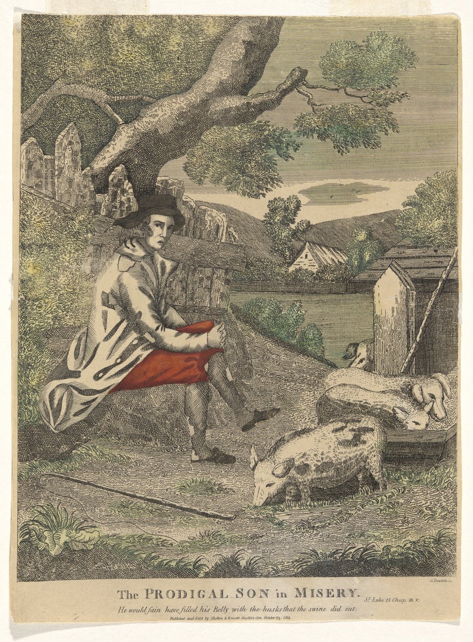 Syn marnotrawny w nędzy (chciałby napełnić swój brzuch łuskami, które zjadały świnie - Św. Łukasz 15 Rozdz. 16v) autorstwa Amos Doolittle
