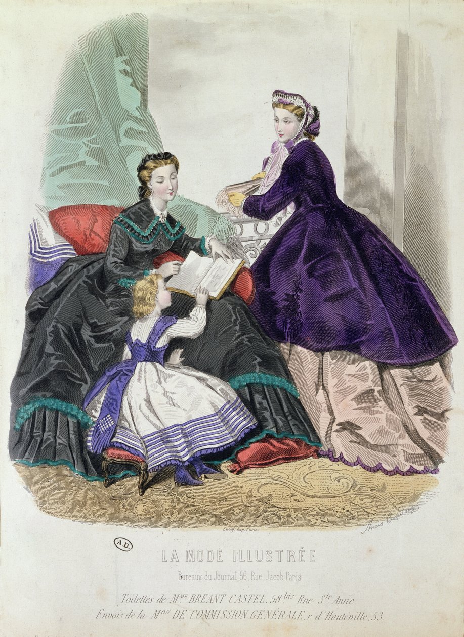 Tabliczka modowa przedstawiająca ubrania zaprojektowane przez Madame Breant-Castel, z „La Mode Illustree”, 1864 (kolor grawerowany) autorstwa Anais Toudouze